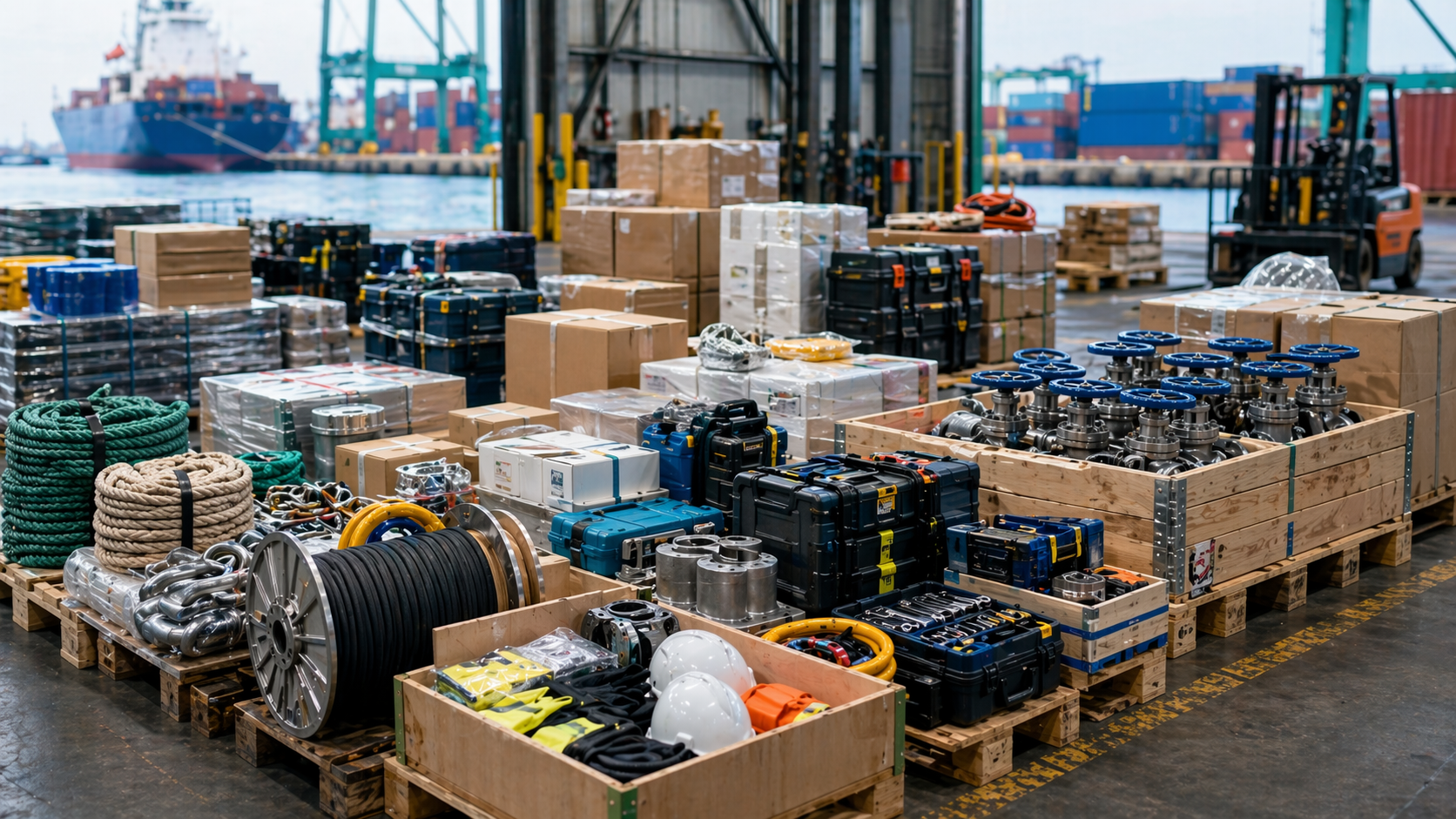 Marine supply pallets prepared for ship managers, technical buyers, and trade procurement