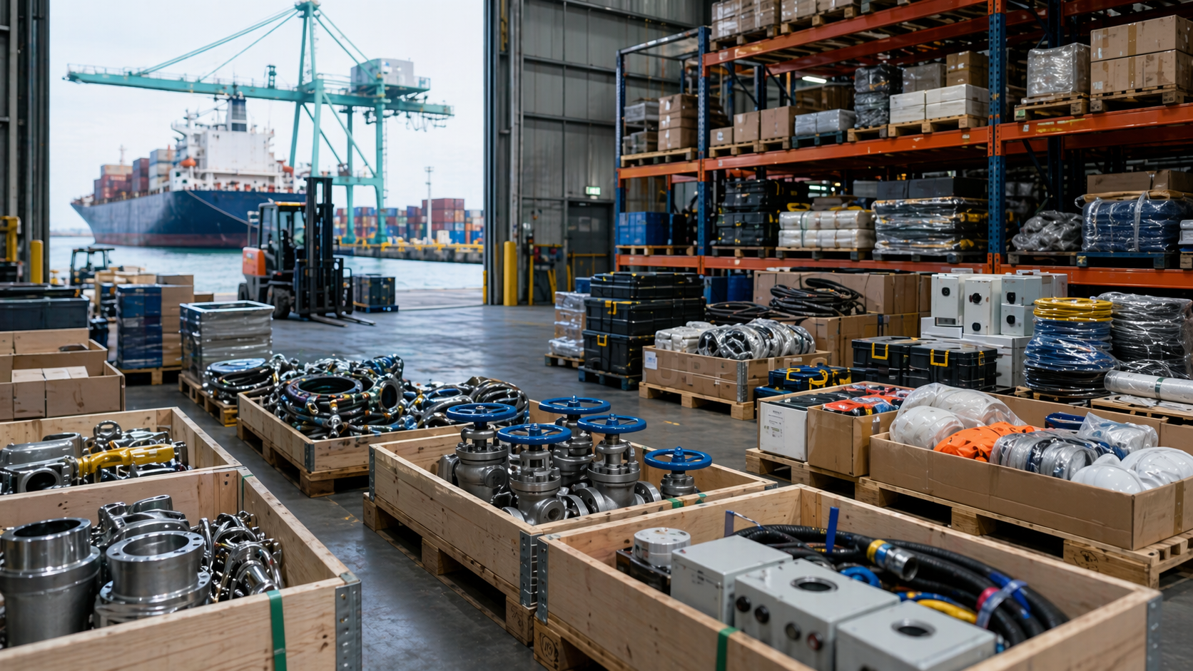 Marine supply warehouse with technical products prepared for dispatch near a port