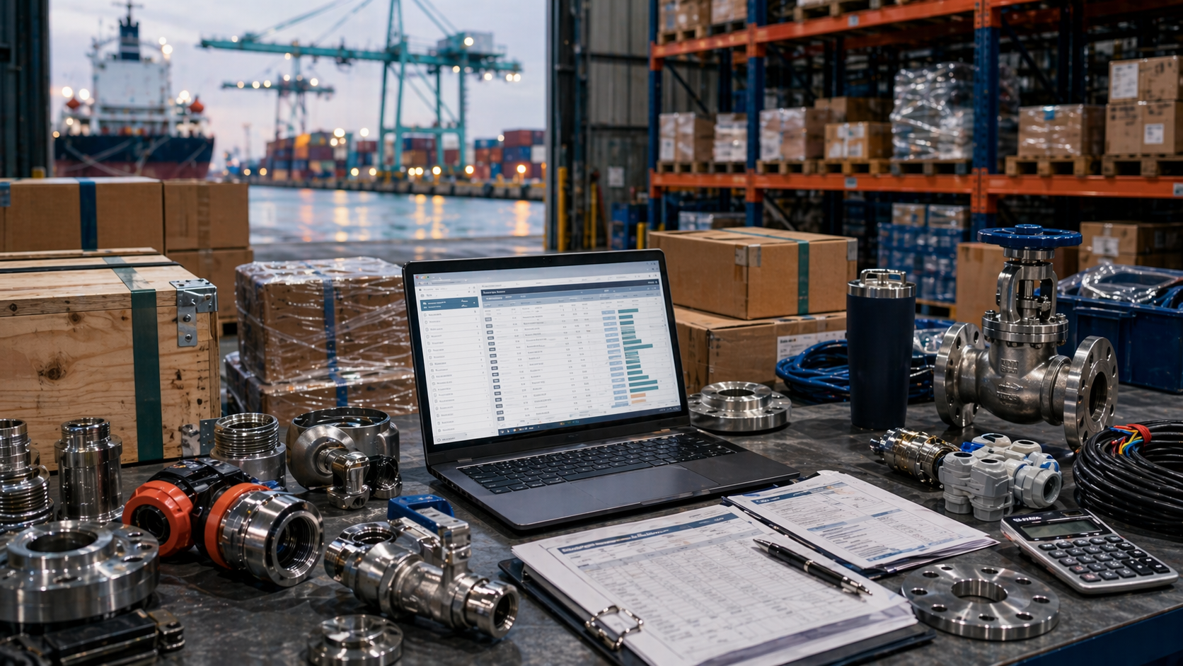 Marine RFQ workbench with laptop, line lists, fittings, valves, and dispatch boxes