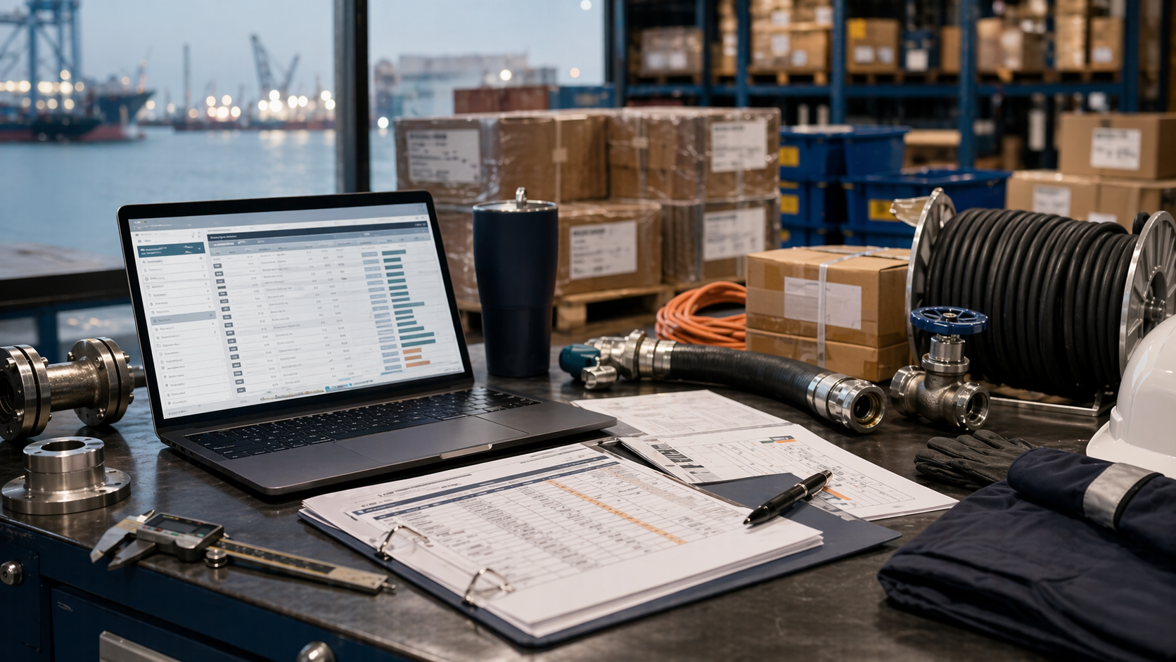 Marine RFQ desk with laptop, line list, fittings, hose, PPE, and dispatch boxes